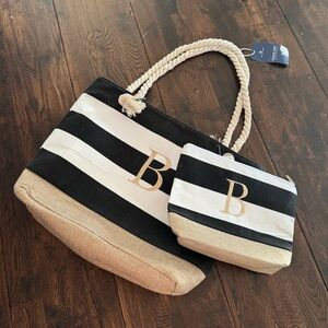 NWT YOOLIFE “B” Monogram Black and White Striped Tote Bag with Pouch